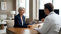 Professional mature businesswoman consulting with male doctor in modern medical office discussing health insurance or corporate wellness program.