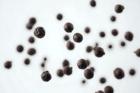 Flying black peppercorns scattered on white background, macro food photography with selective focus and depth of field effect. Isolated spice ingredients.