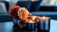 Cozy autumn evening with burning scented candles in metallic holders and orange dahlia flowers in vase against blurred bokeh lights background.