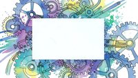 Colorful mechanical gears and cogs frame with blank white space for text. Industrial machinery background with copy space for engineering designs.