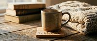 Rustic ceramic mug on a wooden coaster with welcome sign, stacked books and knit blanket on aged table in warm autumn light.