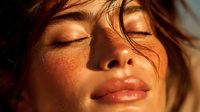 Young woman with freckles enjoying warm sunlight on her face with closed eyes and serene expression.