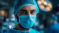 Medical professional wearing surgical mask and cap in operating room with surgical lights in background, dramatic lighting creates intense medical atmosphere.