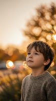 Thoughtful young boy with curly hair gazing upward during golden hour sunset, wearing cozy sweater in warm autumn light with bokeh background.