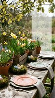 Spring garden table setting with potted daffodils and colorful Easter eggs arranged on rustic wooden table for outdoor dining celebration.