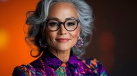 Elegant mature Asian woman with silver gray hair and glasses wearing colorful floral pattern dress smiling confidently against orange background. Professional portrait.