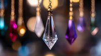 Elegant crystal pendant hanging with colorful bokeh lights in background creating luxurious jewelry display for fashion and accessories marketing.