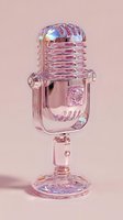 Holographic pink vintage microphone with iridescent finish on pastel background, representing music, podcasting, and vocal performance.