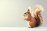 Red squirrel with fluffy tail sitting on white surface against light background, side view portrait of small forest animal in soft natural lighting.