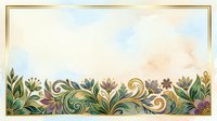 Elegant floral border frame with gold accents on soft watercolor background, featuring ornate green and purple botanical motifs for invitations and cards.