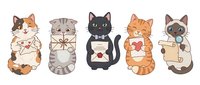 Five adorable cartoon cats in different breeds holding love letters and hearts, sitting in row on white background isolated for Valentine design.