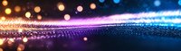 Glowing abstract wave with sparkling particles and bokeh lights creating futuristic panoramic background in pink, blue and golden colors. Modern design element.