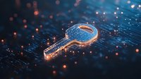 Glowing digital key on circuit board with bokeh light effects, representing cybersecurity and data protection in modern technology environment.