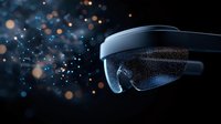 Futuristic mixed reality headset with glowing particles and bokeh lights floating in dark space, showcasing advanced technology and innovation in virtual reality.