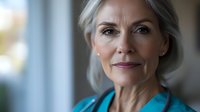 Elegant mature woman with silver hair wearing turquoise blouse smiles confidently at camera, natural beauty and aging gracefully concept captured in soft window light.