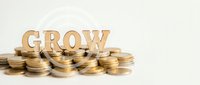 Business growth concept with wooden letters spelling GROW standing on scattered golden coins against neutral background for financial success presentations.