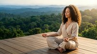 Young African American woman practicing meditation on wooden deck overlooking lush green mountains during golden hour sunrise for wellness and mindfulness.