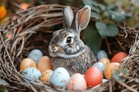 Adorable gray bunny sitting in woven nest surrounded by colorful pastel Easter eggs and green foliage, creating festive spring holiday atmosphere.