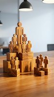 Wooden human figures arranged in pyramid structure on office desk representing teamwork, leadership hierarchy, and corporate organization concepts.