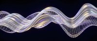 Flowing digital wave with golden light trails and wireframe mesh structure on dark background for technology and data visualization projects.