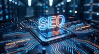 Glowing SEO text on futuristic circuit board with digital pathways and blue orange lights representing search engine optimization technology.