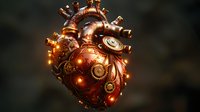 Steampunk anatomical heart with glowing copper and brass mechanical parts, gears, and luminous elements against dark background. Artistic fantasy medical concept.
