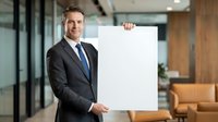Professional businessman in dark suit holding blank white sign in modern office space for corporate presentations and marketing materials.