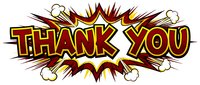 Retro comic book style thank you message with bold red and yellow lettering, dynamic explosion burst background, and white impact clouds. Isolated on transparent background, ready for design projects.