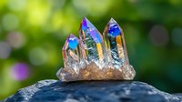 Iridescent crystal cluster with rainbow aura coating on natural stone against blurred green bokeh background, mystical mineral formation for spiritual decor.