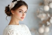 Young Caucasian bride with elegant floral headpiece and lace dress looking over shoulder with soft romantic lighting for wedding photography and bridal portraits.