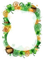 St. Patrick's Day decorative frame with shamrocks, leprechaun hats and gold coins on white background for festive greeting cards and holiday designs.