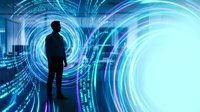 Businessman silhouette standing in futuristic digital tunnel with glowing blue data streams and cyber technology effects for innovation concepts.