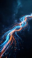 Glowing neon light trails flowing across dark starry space, featuring blue and orange luminous waves with particle effects for technology and digital concepts.