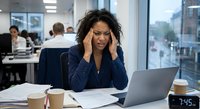 Stressed African American businesswoman with headache working on laptop in modern office environment with colleagues in background.