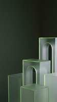 Minimalist architectural display featuring stacked concrete podiums with arched openings and neon green trim against dark green background, suitable for product showcase and modern design layouts.