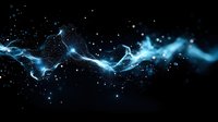 Glowing blue energy wave with sparkling particles flowing through dark space, creating dynamic motion effect against black background. For tech and science designs.