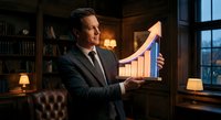 Middle-aged Caucasian businessman in suit holding glowing growth chart with upward arrow in luxury office library setting for business success concepts.