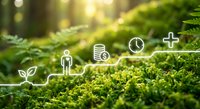 Healthcare technology concept with medical icons floating over green moss in natural forest environment representing digital health innovation.