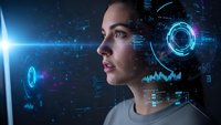 Young woman with futuristic holographic interface technology overlay in blue digital space for sci-fi and innovation concepts.