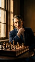 Thoughtful businessman in navy suit contemplating chess strategy by window with warm natural light creating sophisticated office atmosphere for strategic planning.