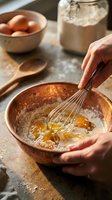 Hands whisking eggs into flour in a rustic ceramic bowl, warm kitchen light, wooden spoon and egg bowl in background, homemade baking.
