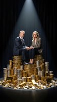 Professional business partners sitting on golden coins stack under spotlight representing wealth success and financial partnership.