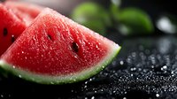 Fresh juicy watermelon slice with water drops on dark background, selective focus macro shot showing vibrant red flesh and black seeds, summer fruit concept.