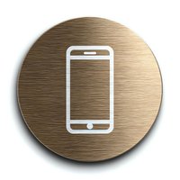 White smartphone icon on brushed gold metallic circular background isolated on white. Modern mobile phone symbol for app design and digital interfaces.