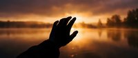 Silhouette of a hand reaching toward a glowing sunset over a misty lake, symbolizing hope, faith, and spiritual connection.
