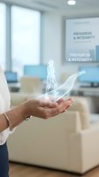 Businesswoman hands holding holographic human figure with growth arrow in modern office representing career development and professional advancement.