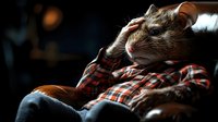 Adorable brown rat wearing red plaid shirt relaxing on couch in moody lighting, side view close up portrait showing whiskers and ears against dark background.