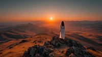 Woman in white dress standing on rocky mountain peak watching golden sunrise over desert landscape with rolling hills and dramatic orange sky.