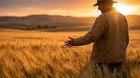 Farmer in hat touching golden wheat field at sunset with mountains in background, agricultural harvest season concept for farming industry.