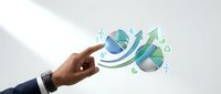 Businessman hand holding globe with sustainability icons and green energy symbols representing environmental responsibility and eco-friendly business solutions.